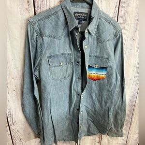 NWT chambray with serape and pearl snap detail